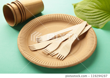 Eco friendly disposable dishes with green leaves on mint background. Zero waste, eco friendly, plastic free background. Eco friendly disposable dishes with green leaves on mint background. Zero waste, eco friendly, plastic free background. 119294287