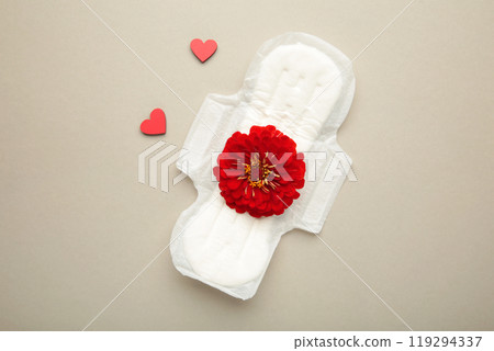 White sanitary pad, hygiene protection on a grey background. Gynecological menstrual cycle. A rose flower lies on a menstrual pad. First menstruation White sanitary pad, hygiene protection on a grey background. Gynecological menstrual cycle. A rose flower lies on a menstrual pad. First menstruation 119294337
