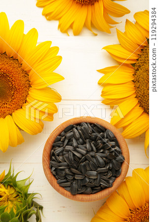 Sunflower with seeds in bowl on white wooden background Sunflower with seeds in bowl on white wooden background 119294384
