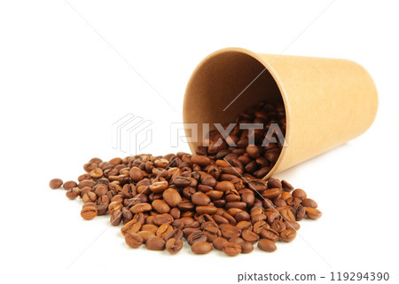 Coffee beans and paper coffee cup isolated on white background. 119294390