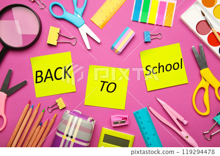 School supplies on pink background. Back to school concept. 119294478