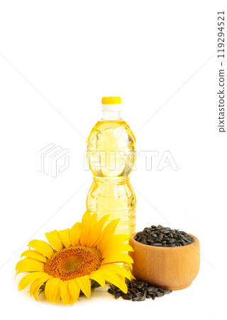 Bottle of oil with sunflower and seed isolated on white background 119294521