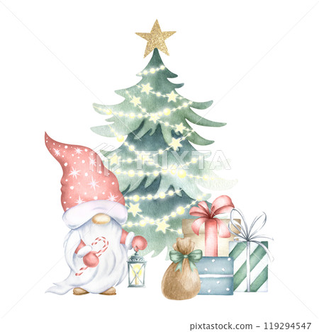 Christmas gnome with lantern and candy cane, spruce with shining garland lights and gift boxes. Watercolor illustration isolated on white background for Happy New Year greeting cards and designs. 119294547