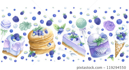 Cake, ice cream, pancake, marshmallows and candy with blueberries, blackberries, mint watercolor seamless banner isolated on white. Hand drawn border for kitchen textile, food packaging and cookbooks. Cake, ice cream, pancake, marshmallows and candy with blueberries, blackberries, mint watercolor seamless banner isolated on white. Hand drawn border for kitchen textile, food packaging and cookbooks. 119294550