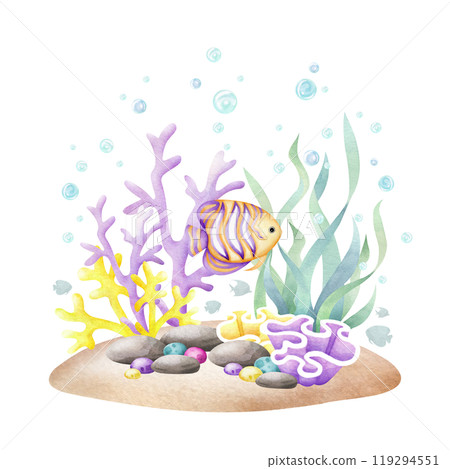 Seabed with fish, seaweed, coral, pebbles, stones, bubbles watercolor isolated illustration in cartoon style. Hand drawn ocean bottom in yellow, lilac and green colors for nautical and marine designs. Seabed with fish, seaweed, coral, pebbles, stones, bubbles watercolor isolated illustration in cartoon style. Hand drawn ocean bottom in yellow, lilac and green colors for nautical and marine designs. 119294551