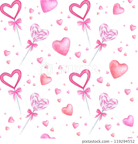 Red and pink hearts, heart-shaped candy on stick decorated with bow watercolor seamless pattern on white. Hand draw illustration for romantic Valentines Day, weddings designs, festive packaging. Red and pink hearts, heart-shaped candy on stick decorated with bow watercolor seamless pattern on white. Hand draw illustration for romantic Valentines Day, weddings designs, festive packaging. 119294552