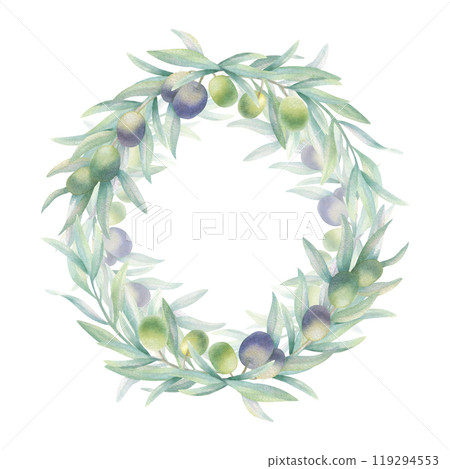 Olive tree branch with fruit and green leaves. Watercolor round wreath frame isolated on white in realistic style. Hand drawn botanical illustration for product label, logo, greeting, wedding card. Olive tree branch with fruit and green leaves. Watercolor round wreath frame isolated on white in realistic style. Hand drawn botanical illustration for product label, logo, greeting, wedding card. 119294553