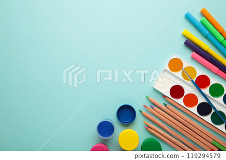 School supplies on blue background. Back to school concept. 119294579
