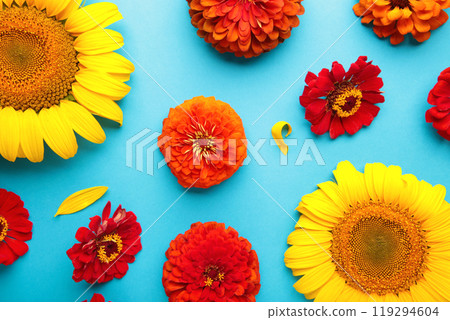 Autumn flowers arrangements made of sunflowers, leaves and flowers on blue background , top view. Creative composition 119294604