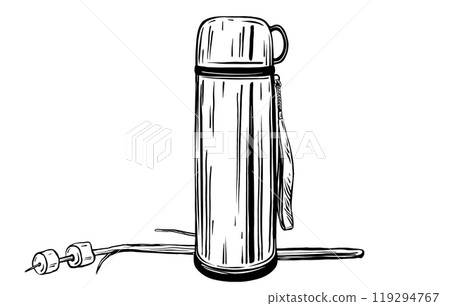 Thermos and fried marshmallow hand drawn in doodle style. A container with mug of hot drink for hike. Tourist equipment. Dishes for maintaining the temperature of liquids. Vector line art illustration 119294767