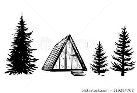Set of Triangular house or A-frame hut and tree fir vector illustration in linear drawing style. Remote house in the wilderness and forest for adventure or camping on isolated background. 119294768