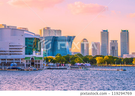 Yokohama cityscape, Japan, October. View of Kahala H and Portside district from the passenger ship terminal side of Shinko Pier. Yokohama cityscape, Japan, October. View of Kahala H and Portside district from the passenger ship terminal side of Shinko Pier. 119294769