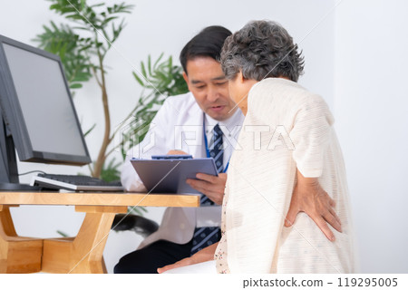 Medical examination, face-to-face, stiff shoulders, back pain 119295005