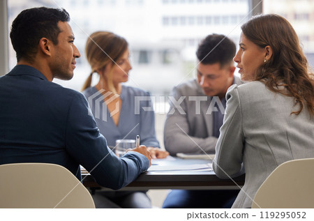 Office, meeting and people with planning in discussion for business proposal, b2b merger or teamwork. Employee, communication and idea in consultation for partnership, corporate deal or collaboration 119295052
