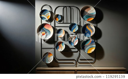 colorful hand-painted ceramic plates, showcasing abstract and modern art designs. Dishes mounted on an elegant metal rack against a dark gray wall 119295139