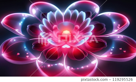 Abstract flower with petals emitting light. The color scheme includes neon shades of blue, purple and pink. 119295526
