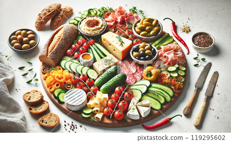 A slightly elevated side-top view of a Mediterranean charcuterie spread on a white background. The layout includes fresh vegetables, cheeses, cured meats, and crusty bread, arranged in a colorful and 119295602