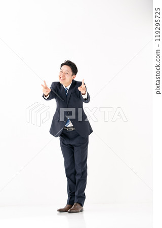 Businessman, full body, vertical, white background, peace sign 119295725
