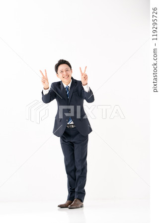 Businessman, full body, vertical, white background, peace sign 119295726