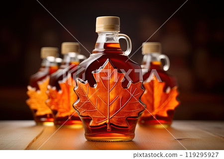 Maple syrup in the bottle. Traditional Canadian dessert. Generative Ai 119295927