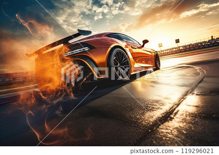 Sports car speeding on the racing track. Closeup shot. Generative Ai Sports car speeding on the racing track. Closeup shot. Generative Ai 119296021
