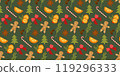 Seamless Christmas pattern, gingerbread cookies, tree, candy canes, red Bow, Orange, Anise, Glove on Green background. Vector Flat Festive Illustration, Template for New Year Decoration, Textile, Gift 119296333