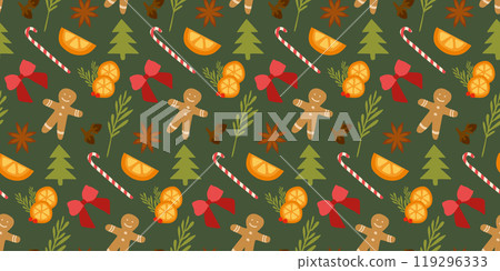 Seamless Christmas pattern, gingerbread cookies, tree, candy canes, red Bow, Orange, Anise, Glove on Green background. Vector Flat Festive Illustration, Template for New Year Decoration, Textile, Gift Seamless Christmas pattern, gingerbread cookies, tree, candy canes, red Bow, Orange, Anise, Glove on Green background. Vector Flat Festive Illustration, Template for New Year Decoration, Textile, Gift 119296333