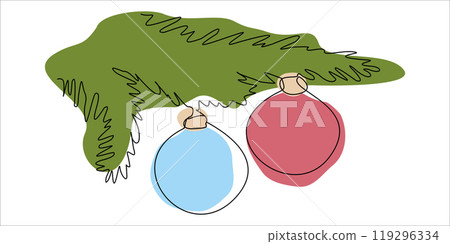 Continuous line drawing Christmas card with Fir branches, christmas balls. Vector Line art illustration for greeting card, invitation. Winter holidays poster, Decoration, Happy new year Design Element 119296334
