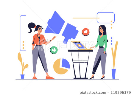 Marketing concept in modern flat cartoon design for web. Women work in team, discussing and brainstorming, creating promotion strategy for business, starting advertising campaign. Vector illustration. 119296379