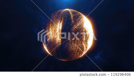 Glowing yellow sphere of light particles on a dark background, symbolizing energy and technology with a dynamic and futuristic feel 119296406