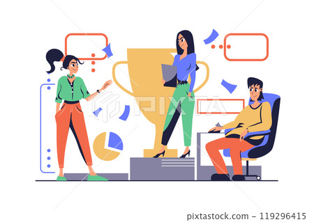 Business award concept in modern flat cartoon design for web. Man and woman celebrating career success and getting golden cup, work in team in challenge and achieving goals. Vector illustration. Business award concept in modern flat cartoon design for web. Man and woman celebrating career success and getting golden cup, work in team in challenge and achieving goals. Vector illustration. 119296415