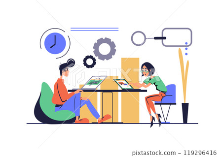 Benchmarking concept in modern flat cartoon design for web. Man and woman doing strategic analysis for business, benchmark performance and monitoring financial statistic chart. Vector illustration. Benchmarking concept in modern flat cartoon design for web. Man and woman doing strategic analysis for business, benchmark performance and monitoring financial statistic chart. Vector illustration. 119296416