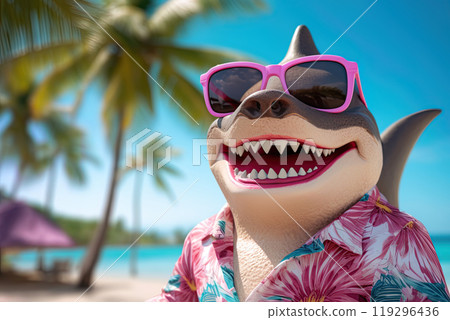 Shark wearing sunglasses and hawaiian shirt at the tropical beach by the ocean. Generative Ai illustration 119296436