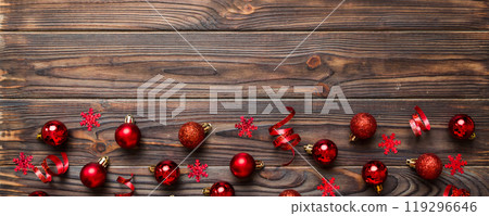 Christmas composition. a pattern of christmas balls on colored background. Flat lay, top view New year decor Christmas composition. a pattern of christmas balls on colored background. Flat lay, top view New year decor 119296646