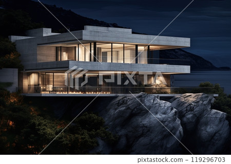 Luxury concrete mansion on the cliff overlooking the ocean at sunset. Generative Ai 119296703