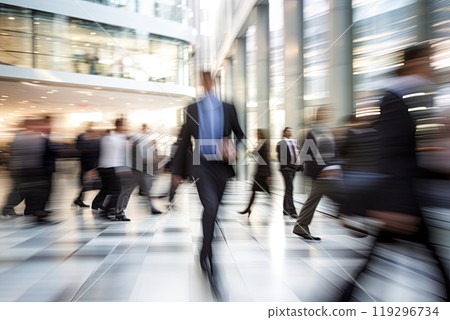 Business people walking in a modern corporate building. Motion blur effect. Ai Generative Business people walking in a modern corporate building. Motion blur effect. Ai Generative 119296734