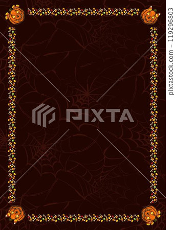 Vintage vertical frame A4 made with candy, childish pumpkin head. Dark red textured background with copy space. Halloween holiday decoration. Template for menu, poster, invitation Vintage vertical frame A4 made with candy, childish pumpkin head. Dark red textured background with copy space. Halloween holiday decoration. Template for menu, poster, invitation 119296803