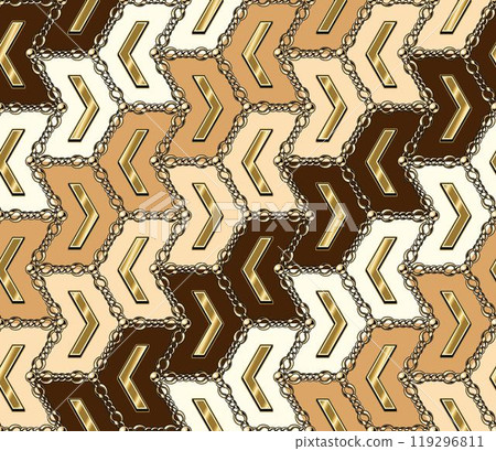 Seamless vintage diagonal pattern made with gold chain, beads. Filigree realistic chains arranged in geometric abstract grid. Vintage style. 119296811