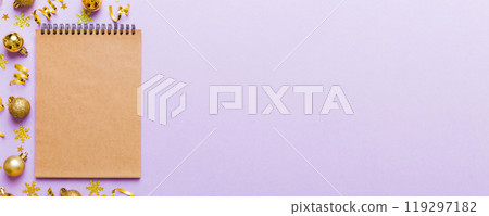 Christmas blank greeting card mock-up scene. Creative layout made of Christmas toy and paper card note. Flat lay. Nature New Year concept 119297182