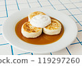 A pristine white plate elegantly topped with a delicious stack of three fluffy pancakes adorned with a generous amount of whipped cream 119297260