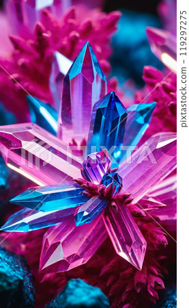Cluster of transparent colorful unusually shaped crystals, close-up bright abstract background Cluster of transparent colorful unusually shaped crystals, close-up bright abstract background 119297275