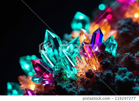 Cluster of colorful fantasy glowing crystals on black background Cluster of colorful fantasy glowing crystals on black background 119297277
