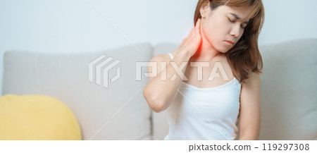Woman having Neck and Shoulder pain at home. Muscle painful due to Myofascial pain syndrome and Fibromyalgia, rheumatism, Scapular pain, Cervical Spine. ergonomic concept Woman having Neck and Shoulder pain at home. Muscle painful due to Myofascial pain syndrome and Fibromyalgia, rheumatism, Scapular pain, Cervical Spine. ergonomic concept 119297308