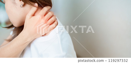 Woman having Neck and Shoulder pain at home. Muscle painful due to Myofascial pain syndrome and Fibromyalgia, rheumatism, Scapular pain, Cervical Spine. ergonomic concept 119297332