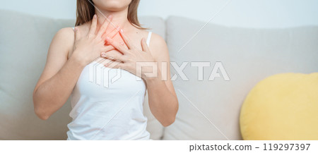Gastroesophageal Reflux Disease or GERD, Acid reflux disease, Gastro Oesophageal or GORD and Dyspepsia concept. woman having Stomach ache and Esophageal pain due to Digestion system problem Gastroesophageal Reflux Disease or GERD, Acid reflux disease, Gastro Oesophageal or GORD and Dyspepsia concept. woman having Stomach ache and Esophageal pain due to Digestion system problem 119297397