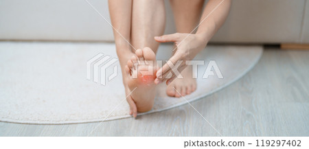 Arthritis and Muscle Pain Relief Cream concept. woman having barefoot pain at home. Foot ache due to Plantar fasciitis and waking longtime. Health and medical 119297402