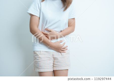 Woman having Stomach pain. Ovarian and Cervical cancer, Cervix disorder, Endometriosis, Hysterectomy, Uterine fibroids, Reproductive system, menstruation, diarrhea and Pregnancy concept 119297444