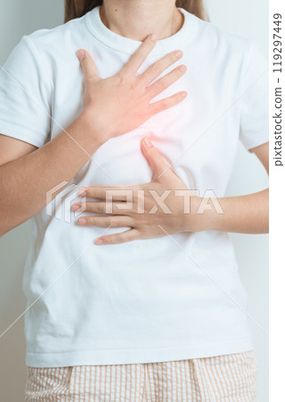Gastroesophageal Reflux Disease or GERD, Acid reflux disease, Gastro Oesophageal or GORD and Dyspepsia concept. woman having Stomach ache and Esophageal pain due to Digestion system problem 119297449