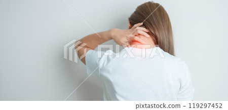 Woman having Neck and Shoulder pain at home. Muscle painful due to Myofascial pain syndrome and Fibromyalgia, rheumatism, Scapular pain, Cervical Spine. ergonomic concept 119297452