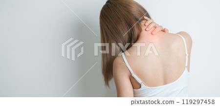 Woman having Neck and Shoulder pain at home. Muscle painful due to Myofascial pain syndrome and Fibromyalgia, rheumatism, Scapular pain, Cervical Spine. ergonomic concept 119297458